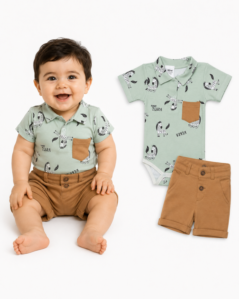 Baby Nellys 2-dílná sada body kr. rukáv, kraťásky, Zebra - mátová, hnědá