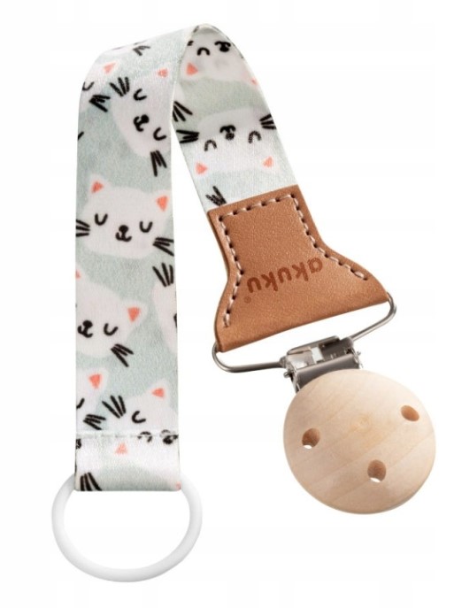 Řetízek na dudlík s klipem Akuku, Kočička, mátová, bílá