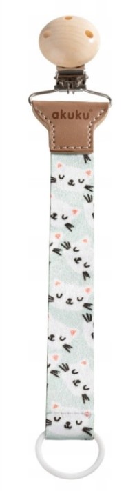 Řetízek na dudlík s klipem Akuku, Kočička, mátová, bílá