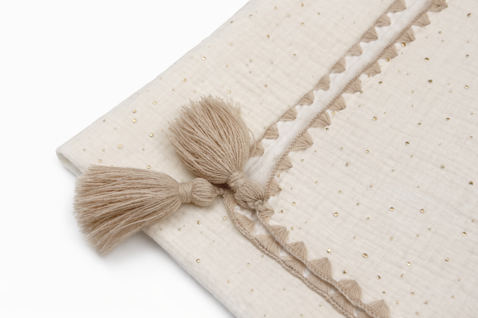 Mušelínová dětská deka 75 × 90 cm, s bambulkami, bavlněná pro miminko - Zlaté tečky