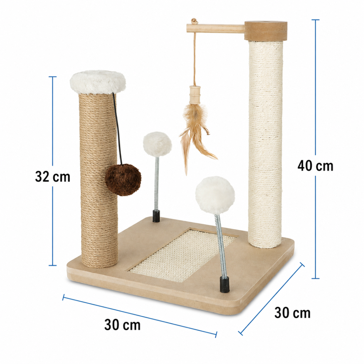 Škrabadlo pro kočky Cat Tree 40 cm – MDF, sisal, juta, míčky na pružinách a šňůrkách
