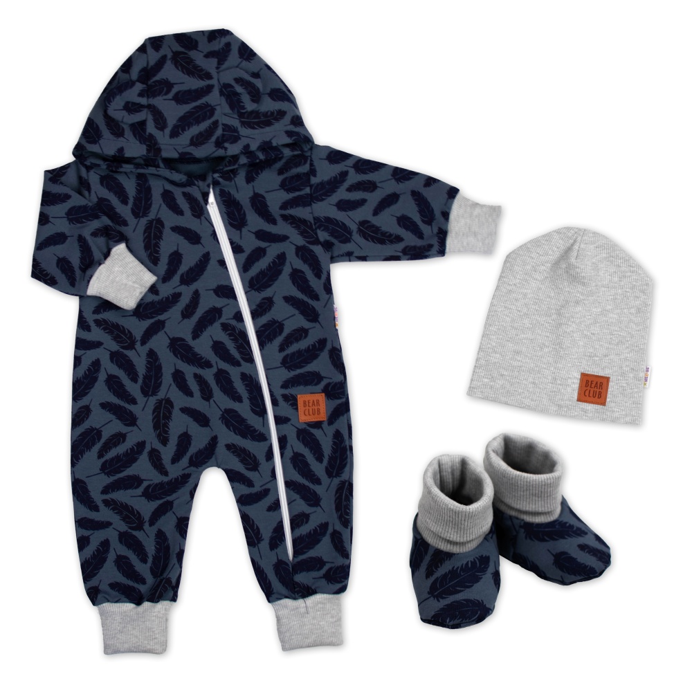 Rostoucí teplákový overal pro miminko, čepice, botky, 3D, Nature - jeans pírka, 68/74