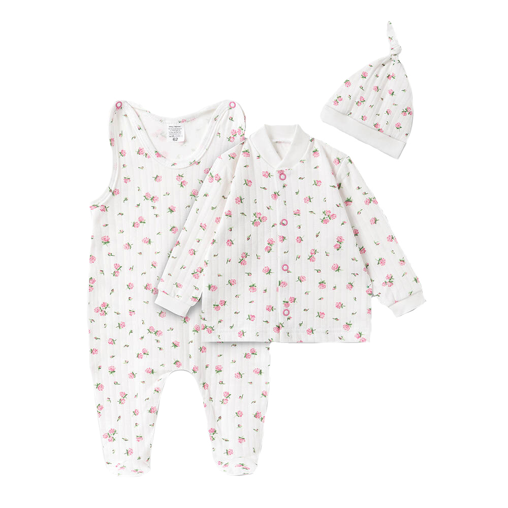Bavlněná 3D sada, dupačky s košilkou + čepička, Amélie, bílá/růžová, vel. 62