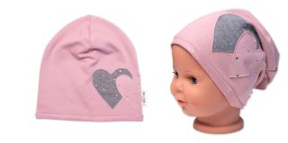 Dětská čepice bavlna, Srdíčka s kamínky, Baby Nellys, pudrová (2)