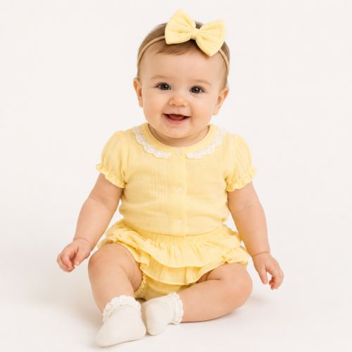 Baby Nellys 3-dílná mušelínová soupravička, body, kraťasky + čelenka GIRL, žlutá (2)