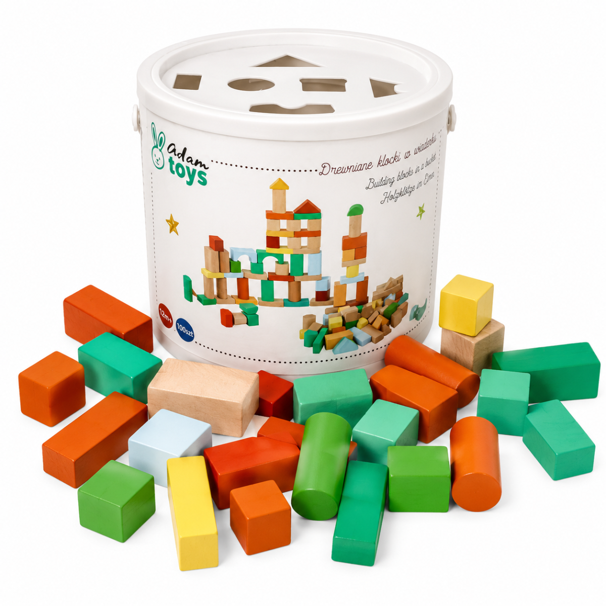 Dřevěné stavební kostky Adam Toys, 100 ks v kyblíku se sorterem – barevné kostky pro děti