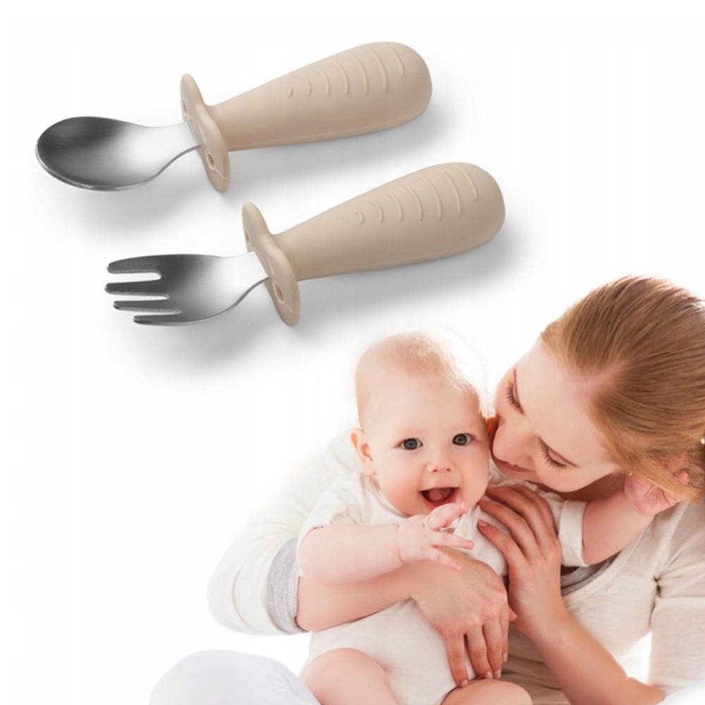Dětský jídelní set BabyOno – silikonový talíř s přísavkou + příbory nerez/silikon, béžová