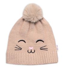 Zimní čepice s bambulí + šál, Kitty, Baby Nellys - cappuccino, vel. 54/58 (1)
