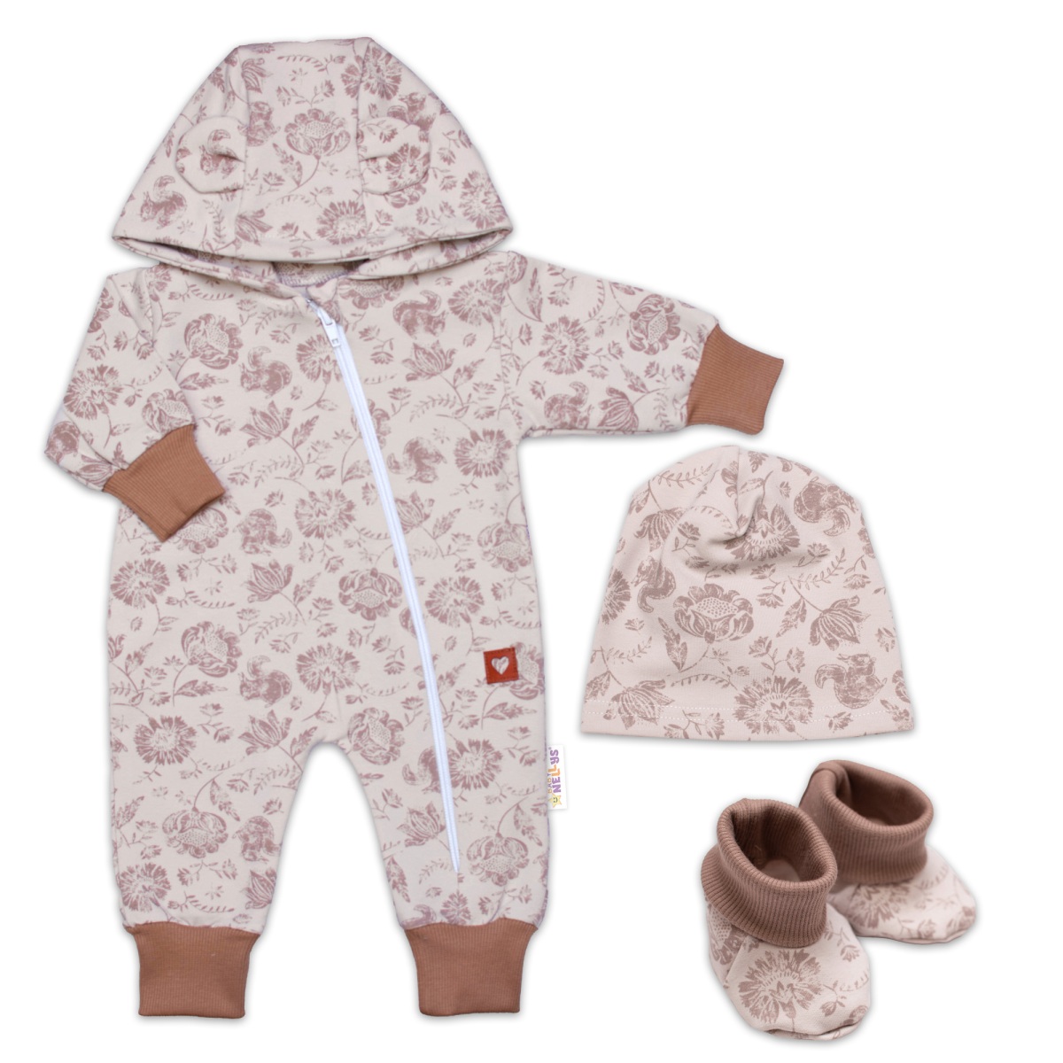 Rostoucí overálek, čepička a botičky, 3D, bavlna, Garden - béžová/hnědá, vel. 62/68
