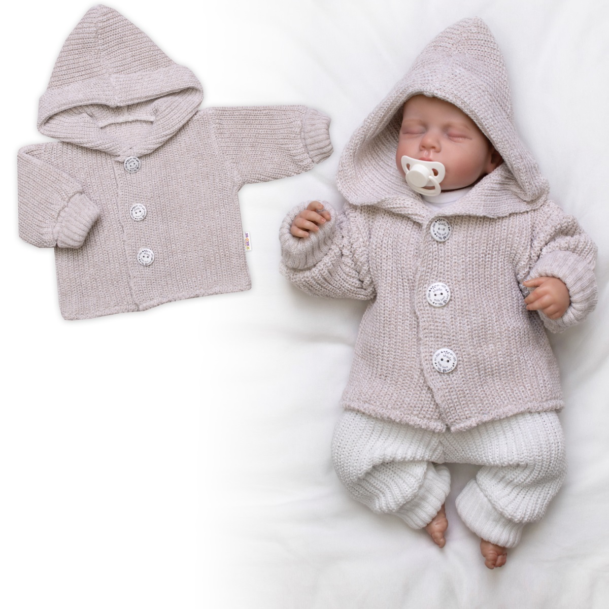 Pletený svetřík s kapucí a knoflíčky Made with Love, béžový melírek, vel. 68/74