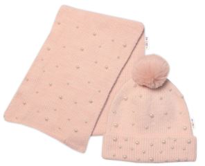 Zimní čepice s bambulí + šál, Pearls, Baby Nellys - pudrově růžová, vel. 54/58 Zimní čepice s bambulí + šál, Pearls, Baby Nellys - pudrově růžová, vel. 54/58