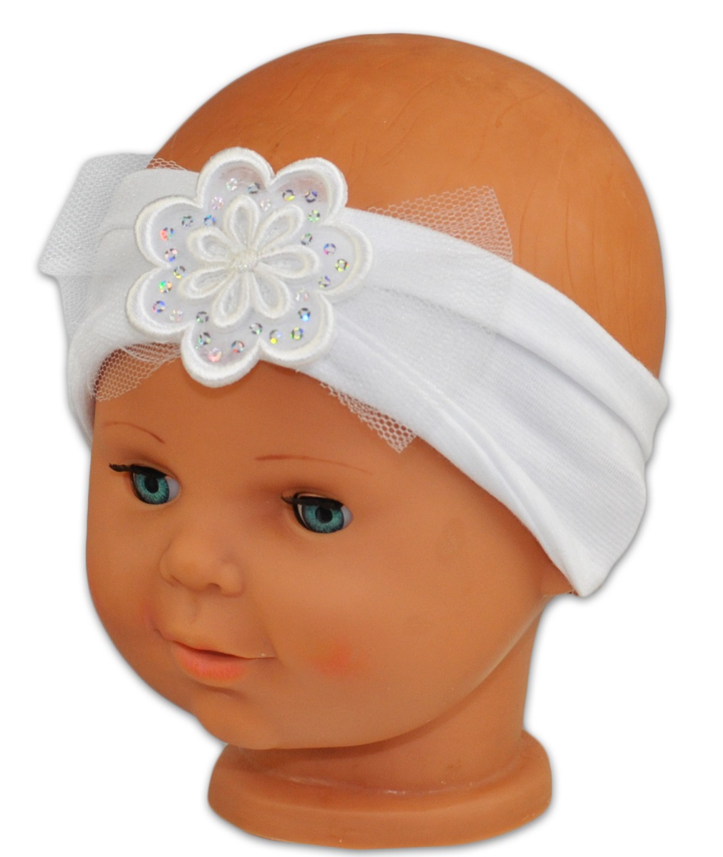 Čelenka Baby Nellys ® s květinkou a flitry - bílá, 80/92