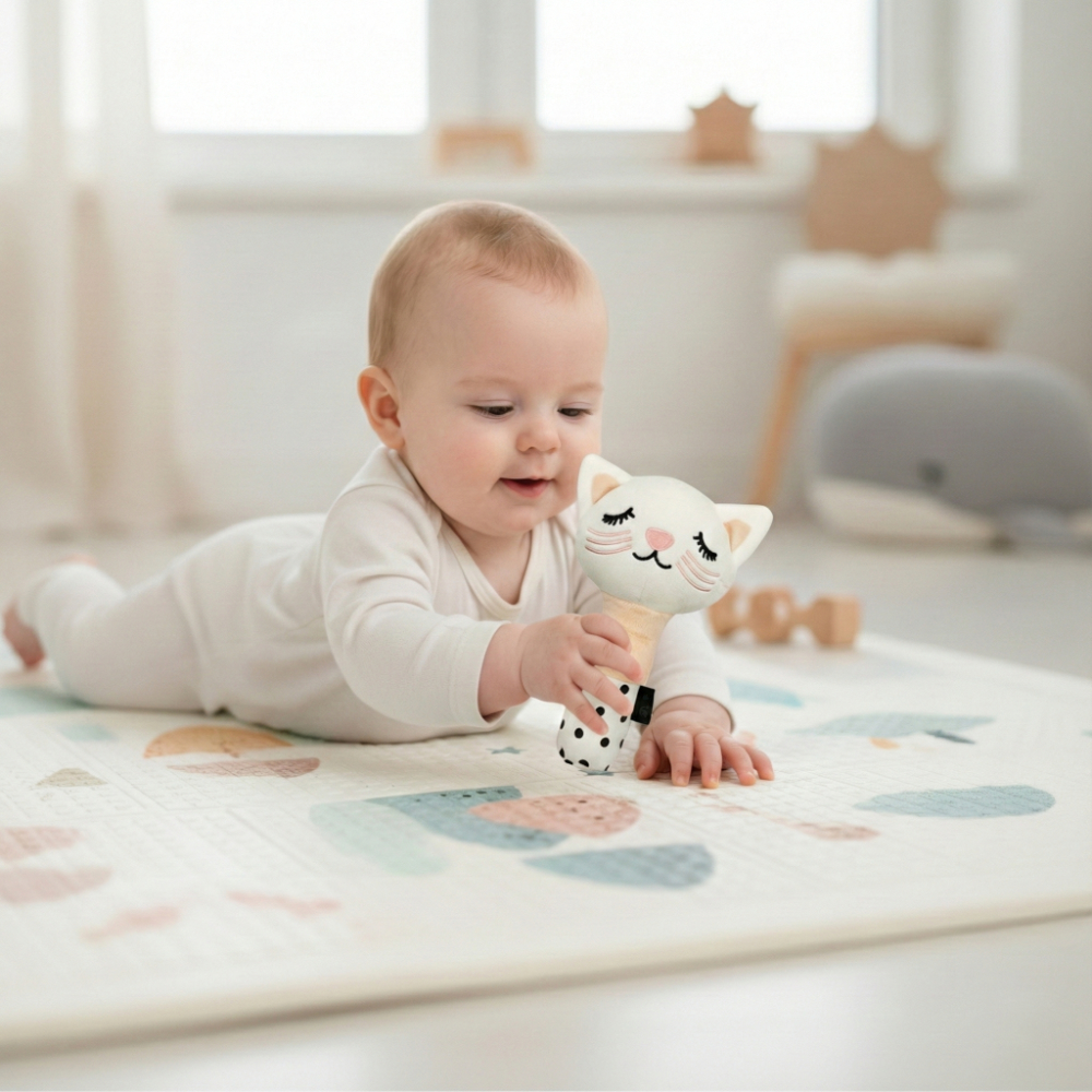 Plyšová senzorická spirála + plyšové pískátko Kočička - růžová, bílá