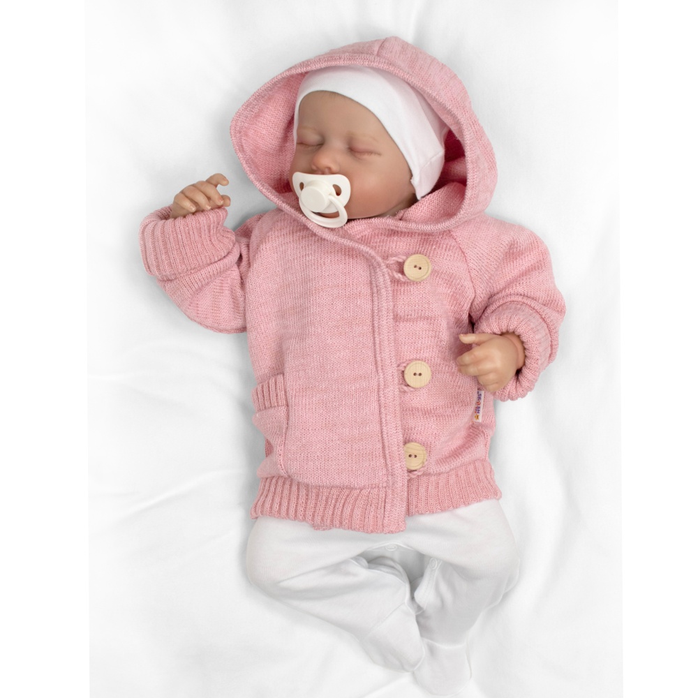 Rostoucí pletený svetřík s kapucí, zapínání knoflíčky - pudrově růžový, vel. 80/86