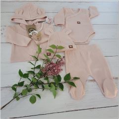 Sada do porodnice 4D, žebrovaná, body, polodupačky, kabátek a čepička, pudrová (2)