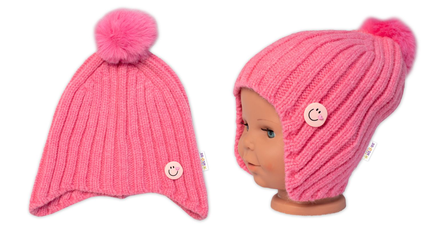 Dětská zimní čepice s bambulí Smile, Baby Nellys - růžová, vel. 48-54 cm