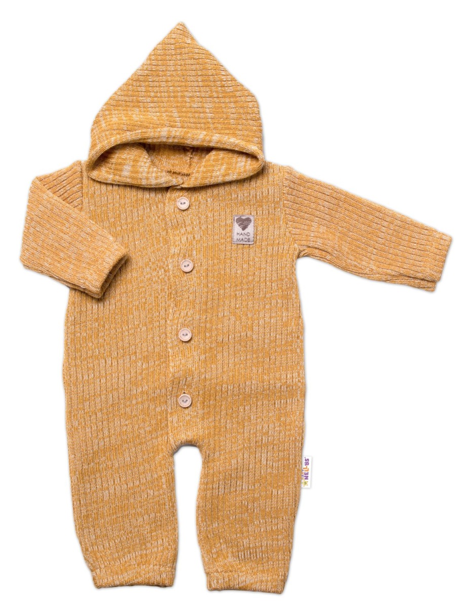 Baby Nellys Pletený overálek s kapucí a knoflíčky Hand Made, medový žihaný, vel. 68/74