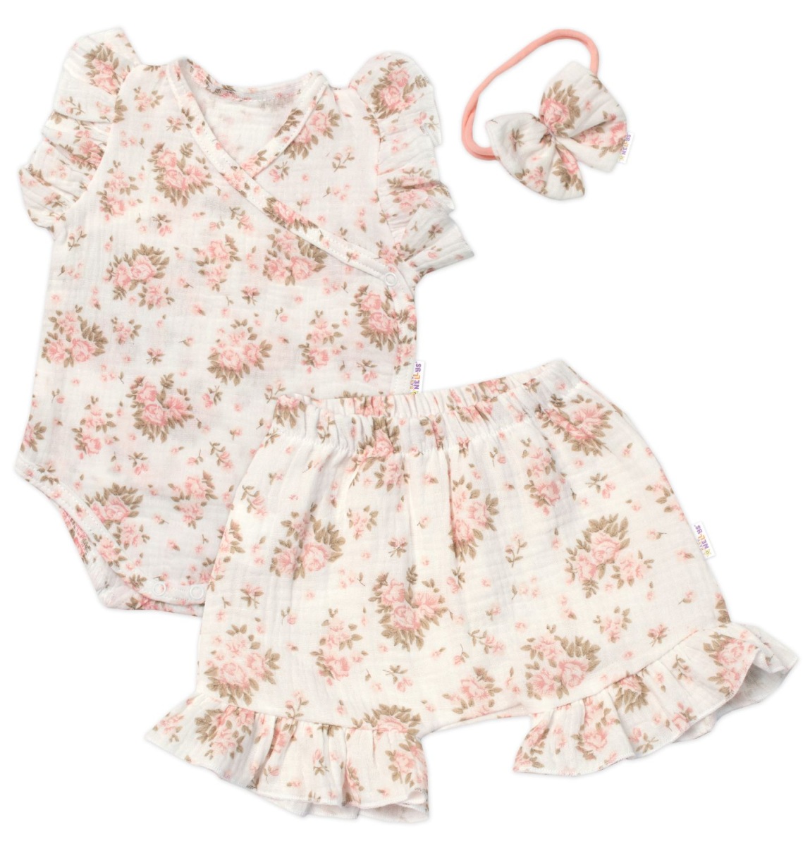 Zavinovací body, kraťasky + čelenka, mušelín, Pivoňky, Baby Nellys, smetanové, vel. 68