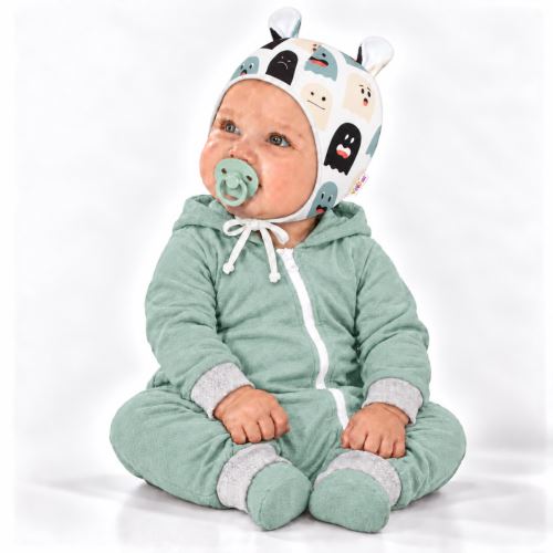 Baby Nellys Kojenecká čepička s oušky na zavazování - Příšerky, bílá/mátová (1)
