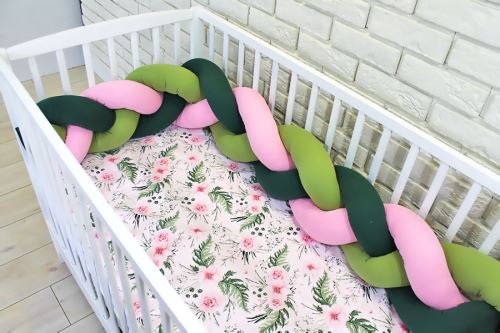 Baby Nellys Mantinel pletený cop s povlečením Květinky - zelená, růžová