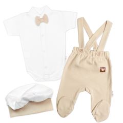 Bavlněná souprava Gentleman 3D, body kr. rukáv, polodupačky s láclem, čepička, béžová/bílá (3)