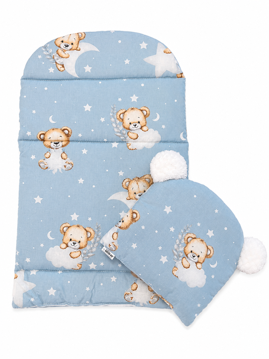 Oboustranné hnízdečko, podložka + polštářek 3D, Bavlna, Sleepy Teddy, modré