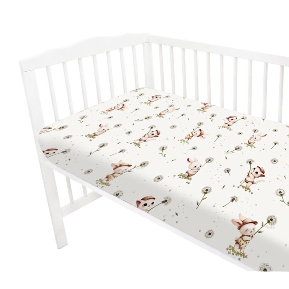 Prostěradlo do postýlky 120x60cm, bavlna, Kocourek a pampeliška - bílá