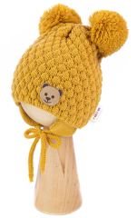 Zimní pletená čepice Teddy Bear na zavazování, hořčicová, Baby Nellys (1)