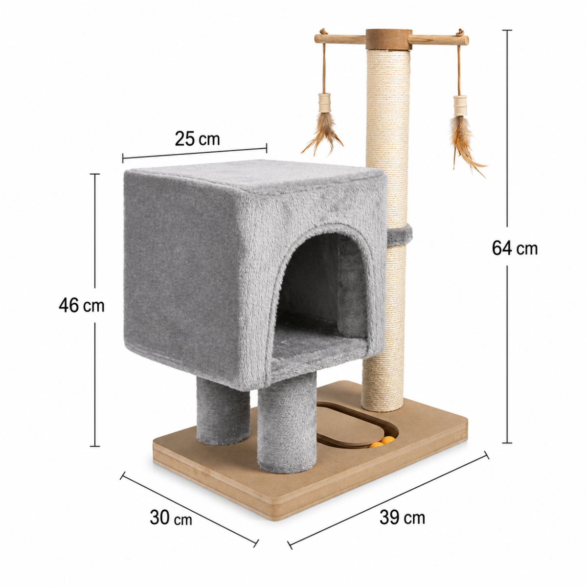 Škrabadlo pro kočky Cat Tree 64 cm s úkrytem – MDF, sisal, plyš, světle šedá