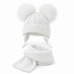 BABY NELLYS Zimní čepička s šálou - chlupáčkové bambulky - bílá BABY NELLYS Zimní čepička s šálou - chlupáčkové bambulky - bílá