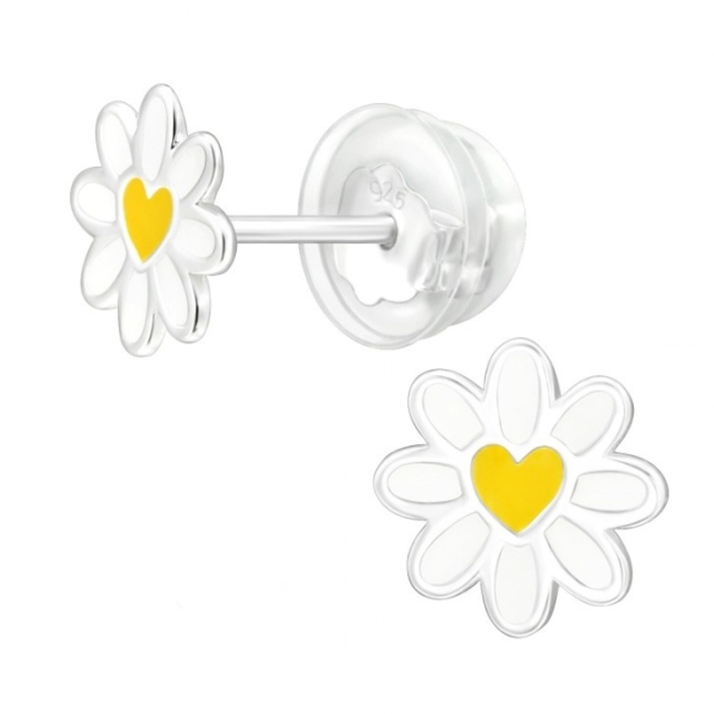 Dětské stříbrné náušničky Sedmikráska, premium, puzetové, silikon