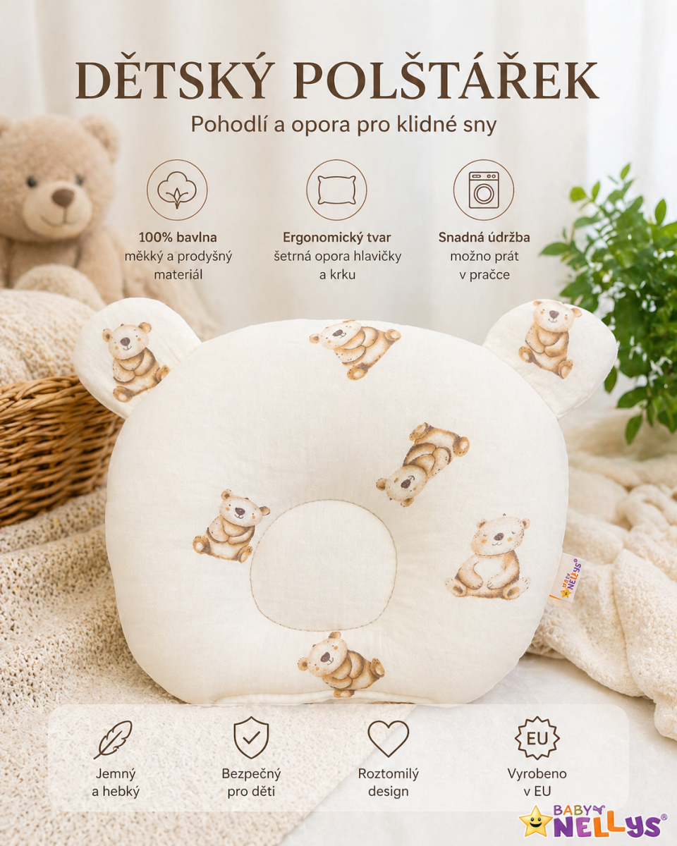 Mušelínový tvarovaný polštářek Medvídek, béžová