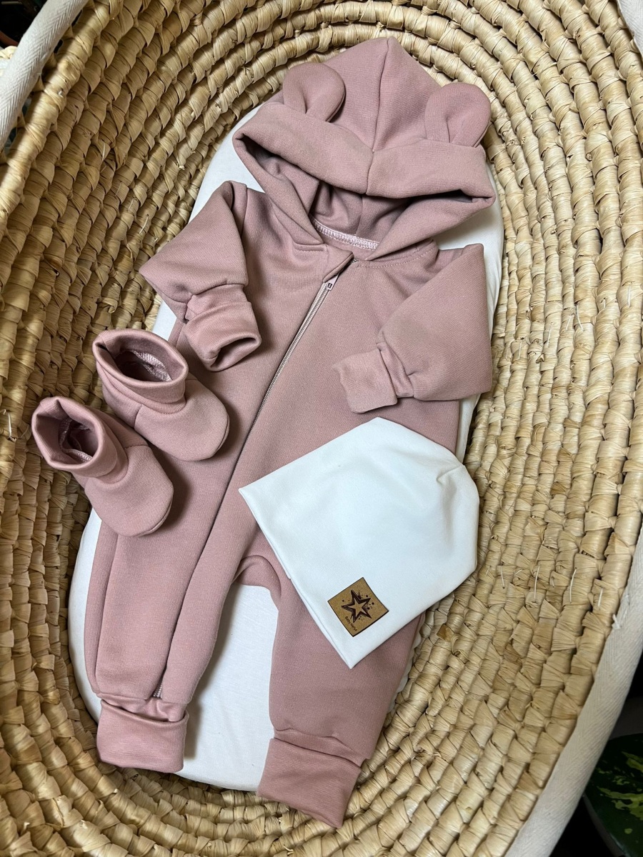 Rostoucí oteplený overál s čepičkou a botičkami, 3D - pudrově růžová, vel. 80/86